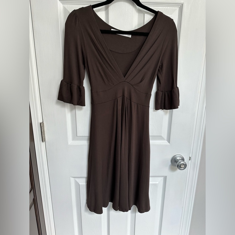 Brown Zara dress with low sexy v neckline and ruffled sleeve detailing
